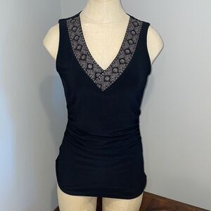 White House Black Market Black Sleeveless Top with Beaded V-Neck Size XS